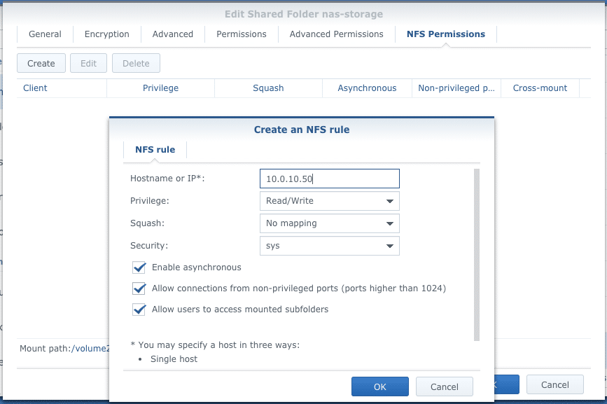  Creating an NFS rule on the NFS Permissions tab for the hosts you will be using to access the NFS share