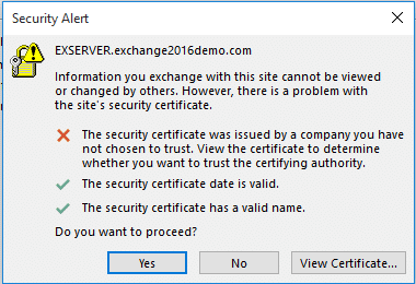 Example of an Outlook certificate warning