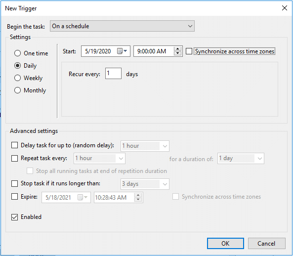 trigger tab of task scheduler