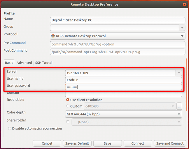 Entering the IP address and the username and password