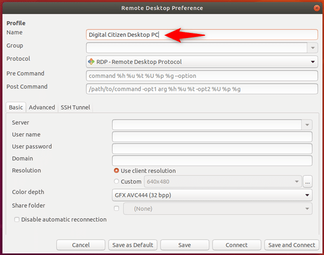 Choosing a name for the remote desktop profile