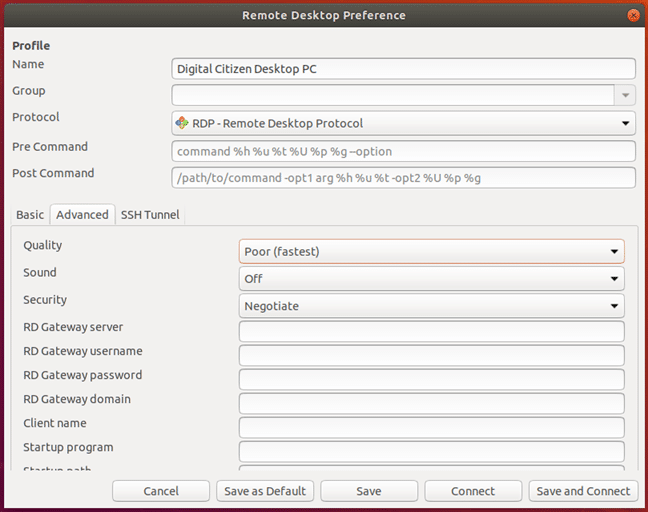 Configuring the advanced settings for the remote desktop connection