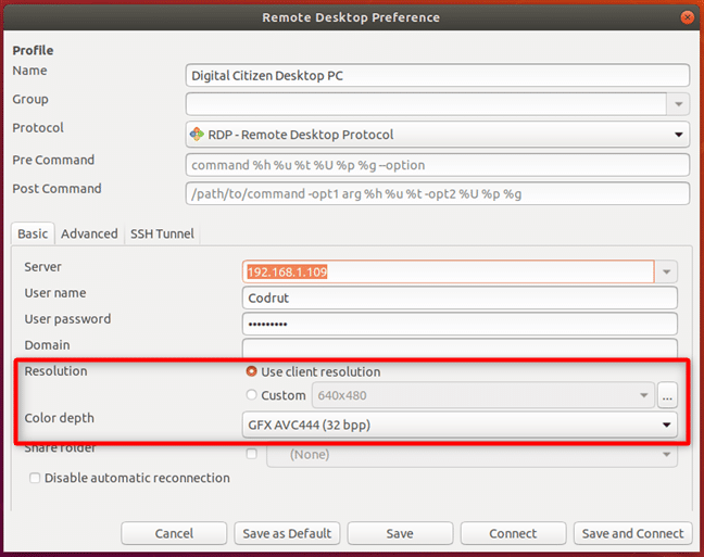 Configuring the resolution and color depth used by the remote desktop profile