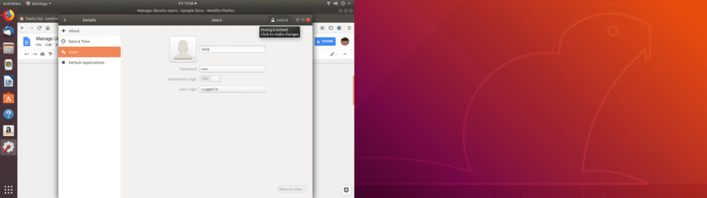 Unlock user dialog