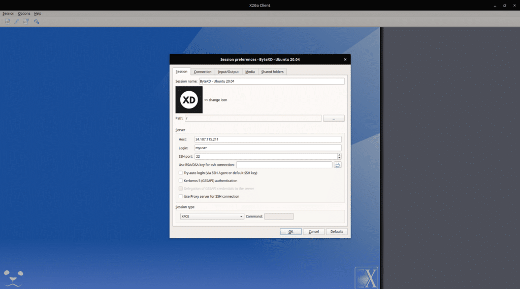 X2Go Ubuntu 20.04 New Session Configuration
