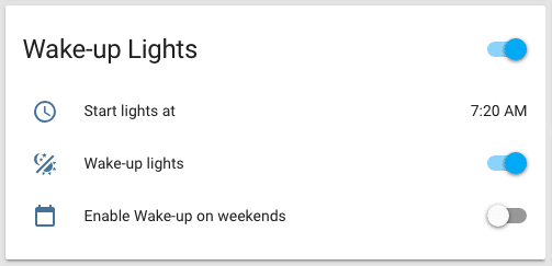 Dashboard widget of the Wake-up light component. All functions are configurable through the Home Assistant dashboard.