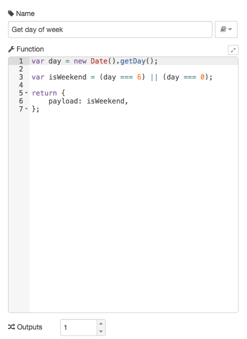 Configuration of the function node using the javascript snippet.