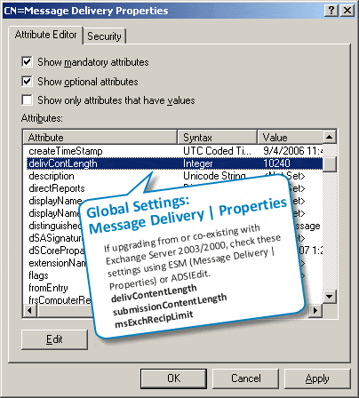 Screenshot: Using ADSIEdit to configure message sizes and max recipients per message in Global Settings