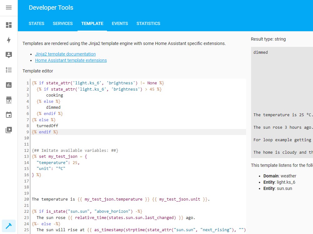 Home Assistant Developer tools