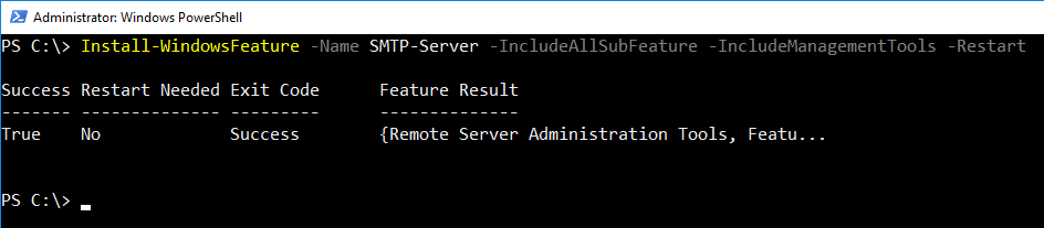 image_tooltip Installing the SMTP-Server Windows feature with PowerShell