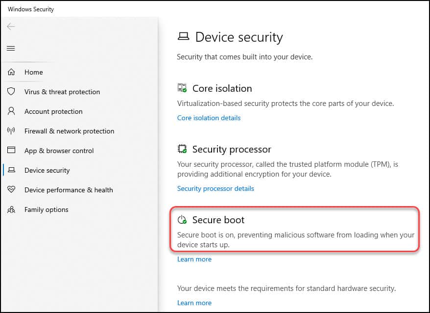 Check Secure Boot Status via Windows Security Settings