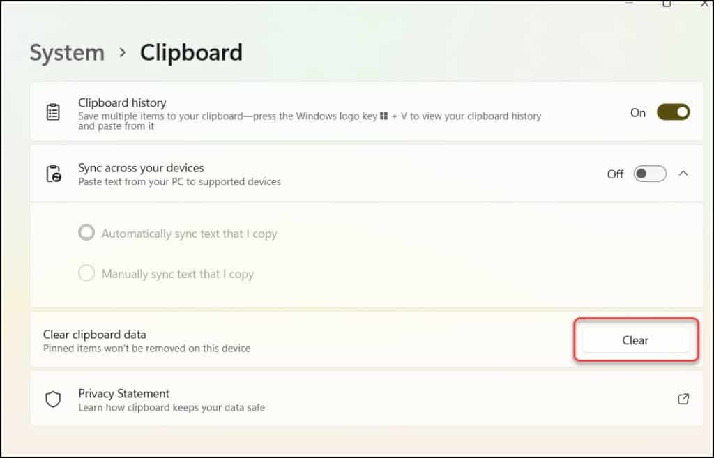 Clear Clipboard History using Windows 11 Settings