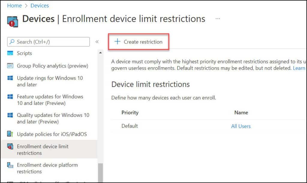 Create Device Limit Restrictions in Intune