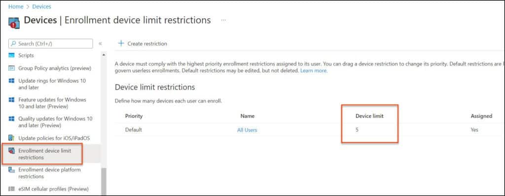 How To Configure Intune Device Enrollment Restrictions 2 Device Limit Enrollment Restriction