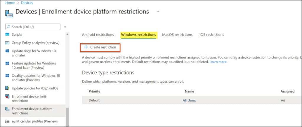 Create Device Platform Restriction in Intune