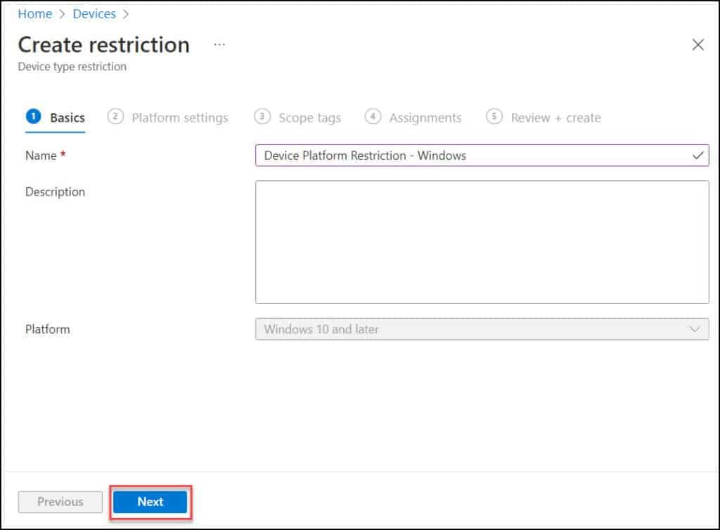 Create Device Platform Restriction in Intune