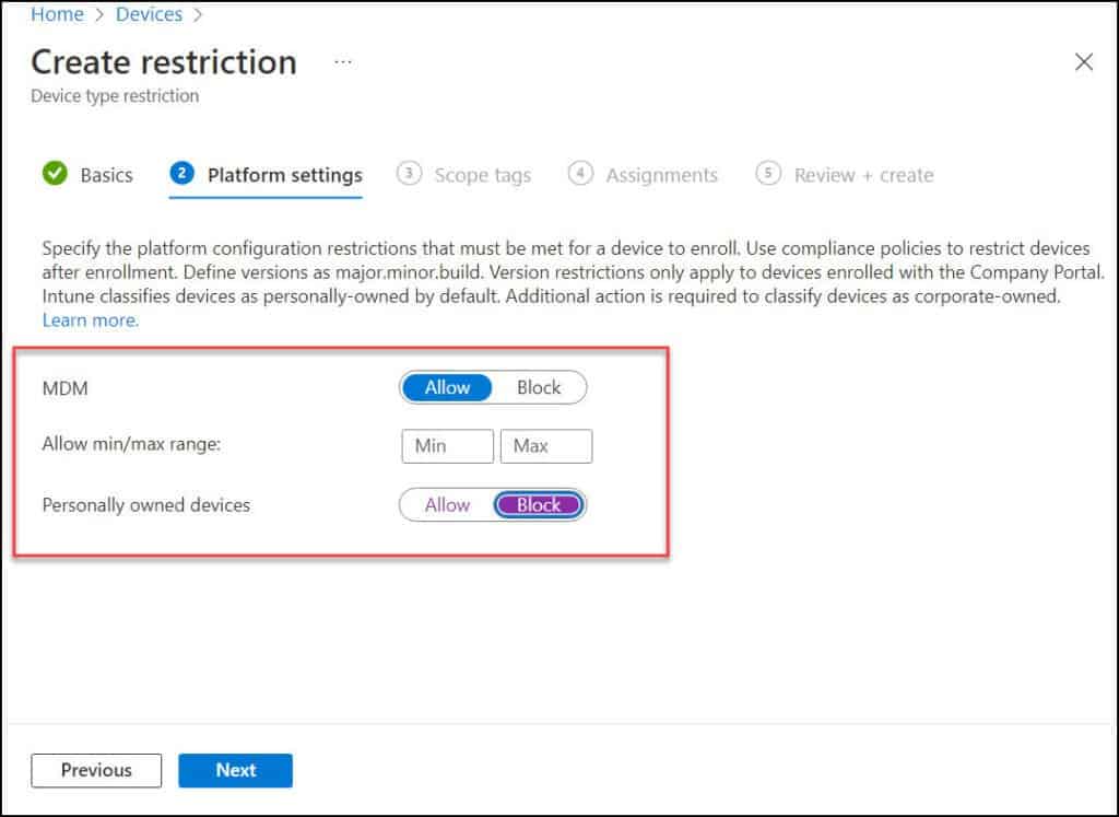 Create Restriction | Platform Settings