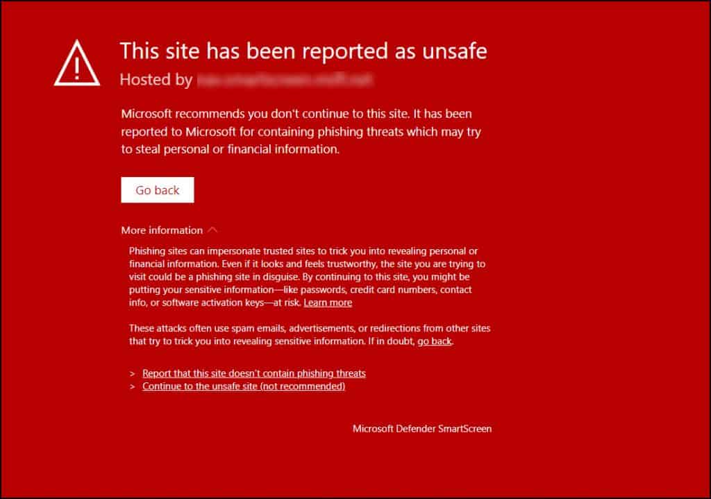 Microsoft Defender SmartScreen Warning - Malicious Site