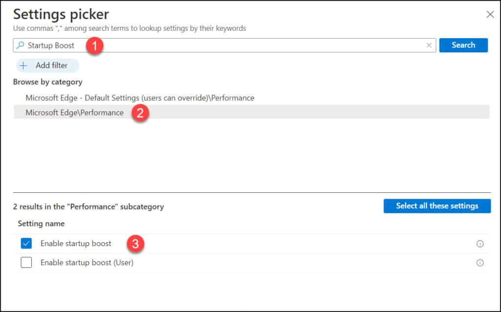 Enable Startup Boost for Microsoft Edge using Intune MEM 5 Enable Startup Boost for Edge | Settings Catalog