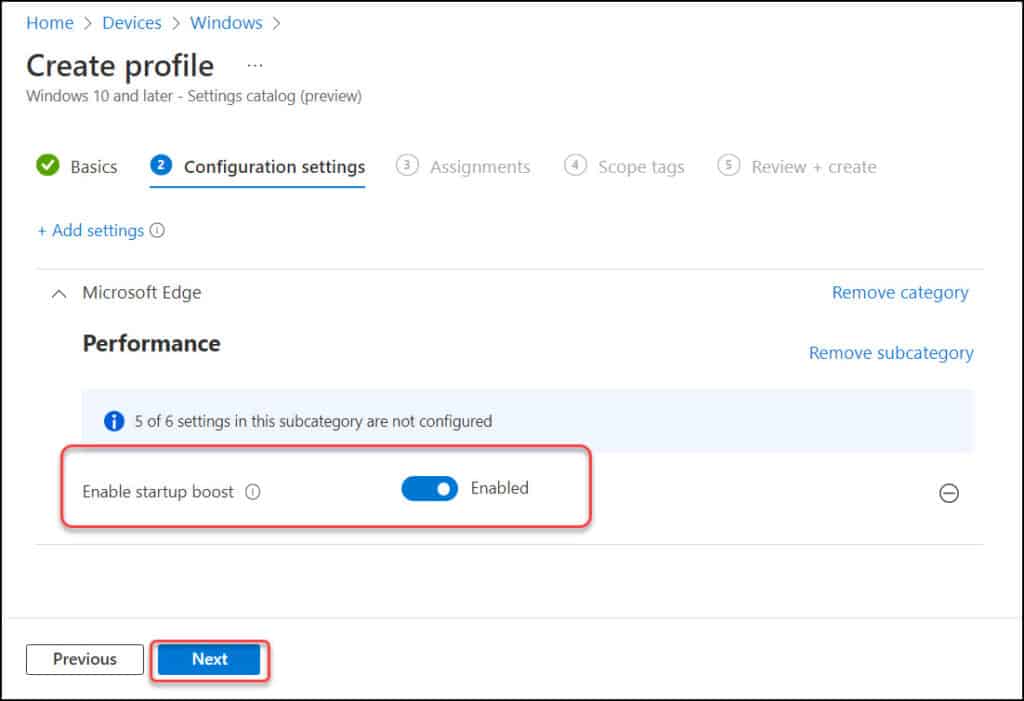 Enable Startup Boost for Microsoft Edge using Intune MEM 6 Turn on Enable Startup Boost