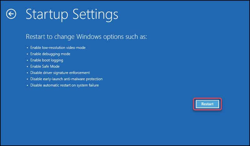 Startup Settings for Windows 11