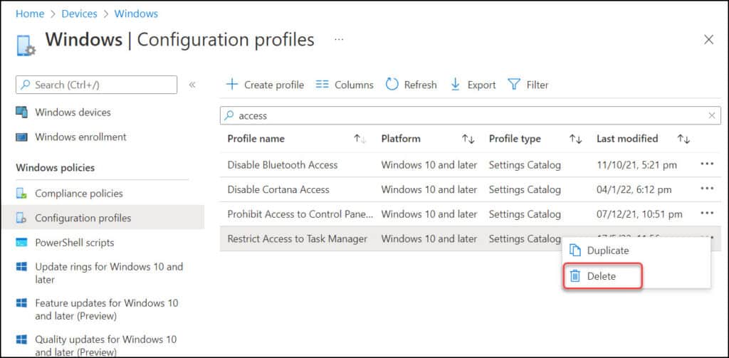 Delete Configuration Profiles in Intune