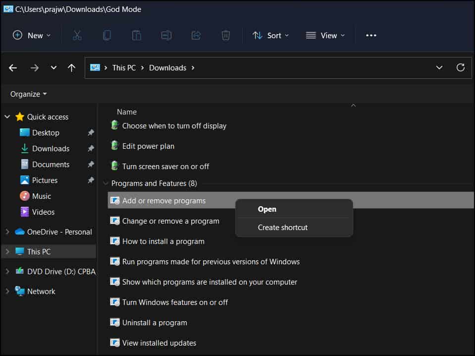 Windows 11 God Mode Shortcut Options