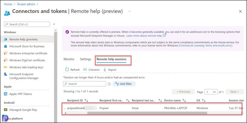 Monitor Remote Help Sessions in Intune