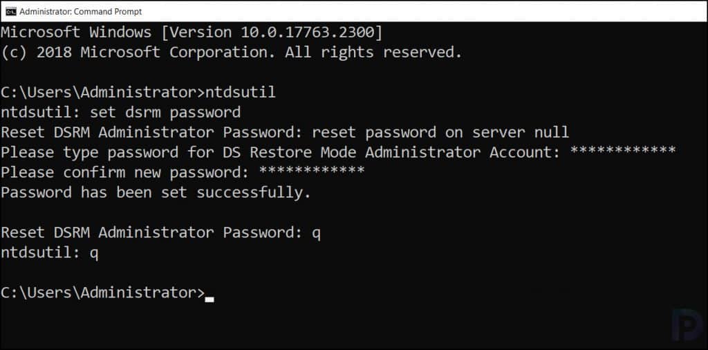 Reset DSRM Administrator Password using Ntdsutil