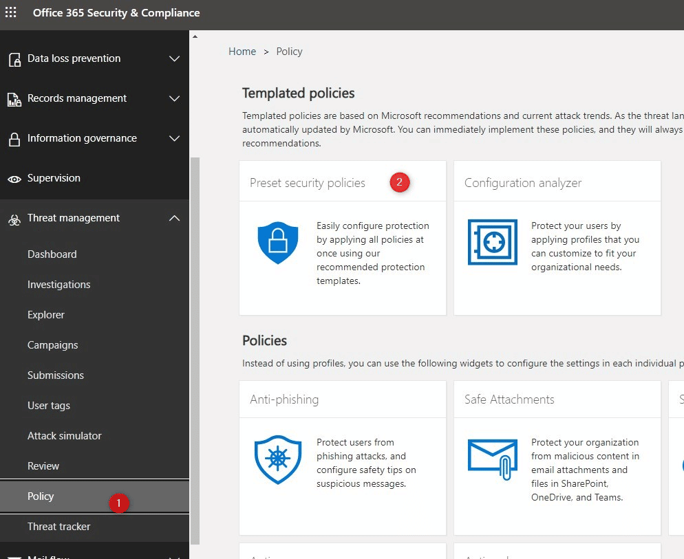 secure exchange online with preset security policy