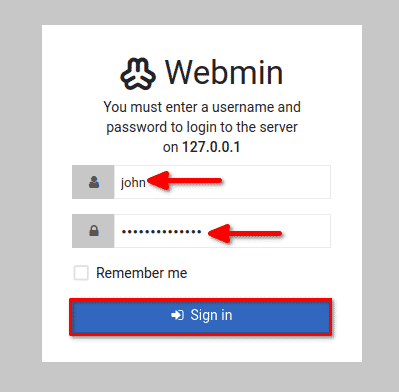 Logging into Webmin with user john