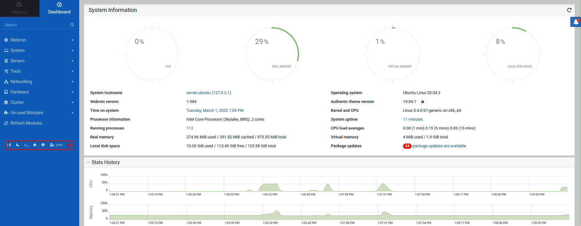 Webmin Dashboard of the new user (john)