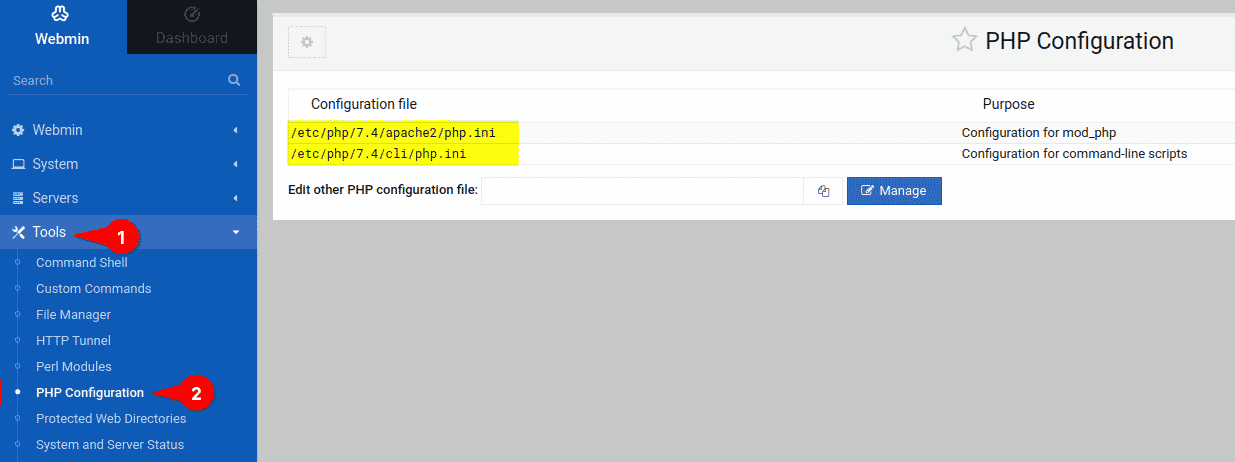 Viewing Webmin PHP Configuration