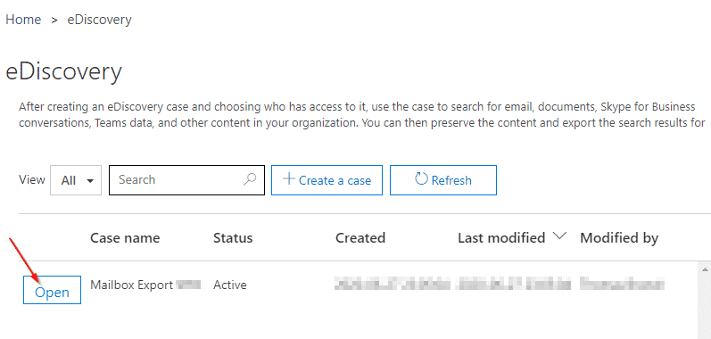 Opening the new case in the eDiscovery Case overview page