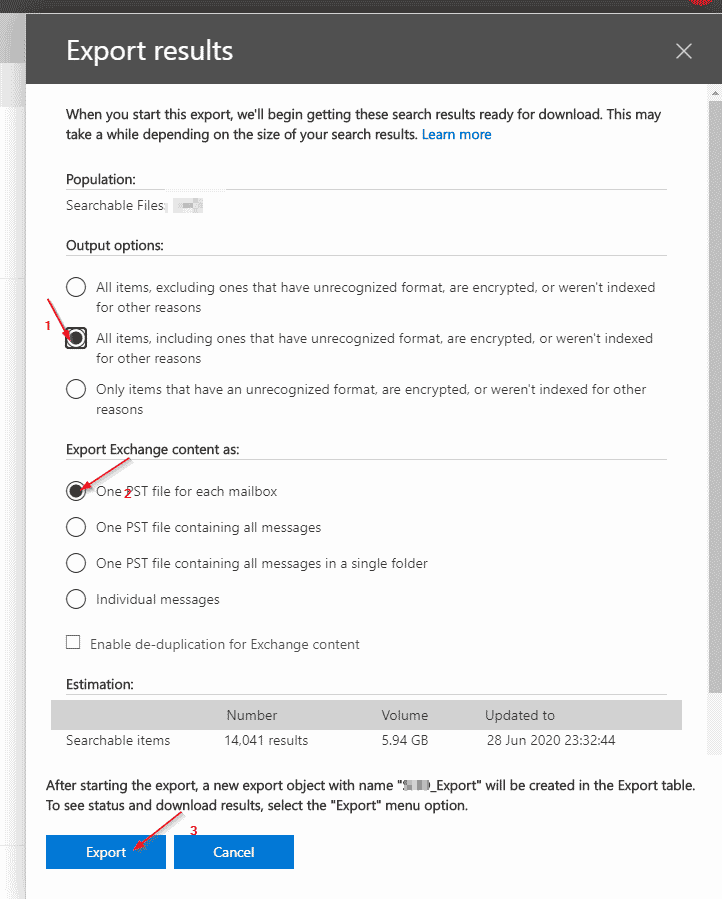 Setting up the export conditions.