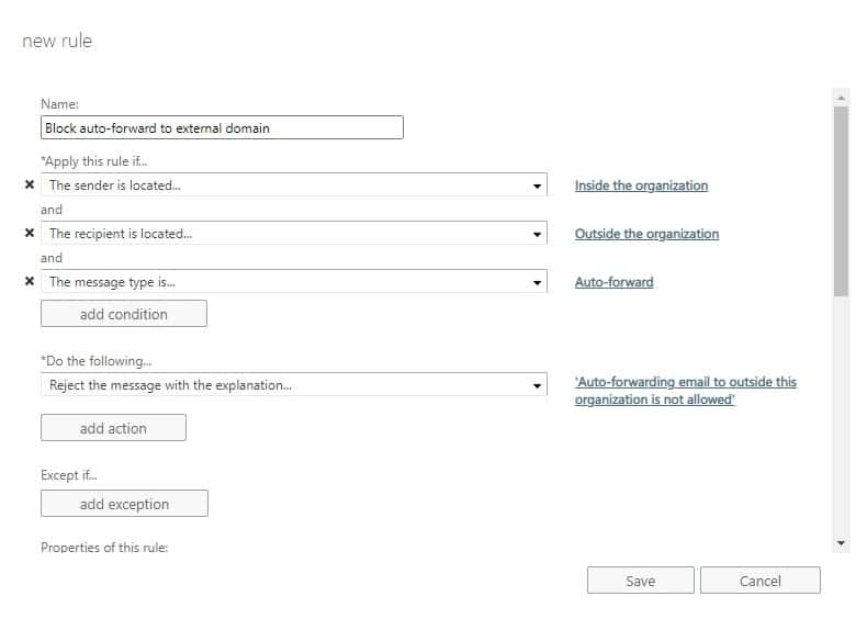 Block auto forward to external domain in Exchange Online