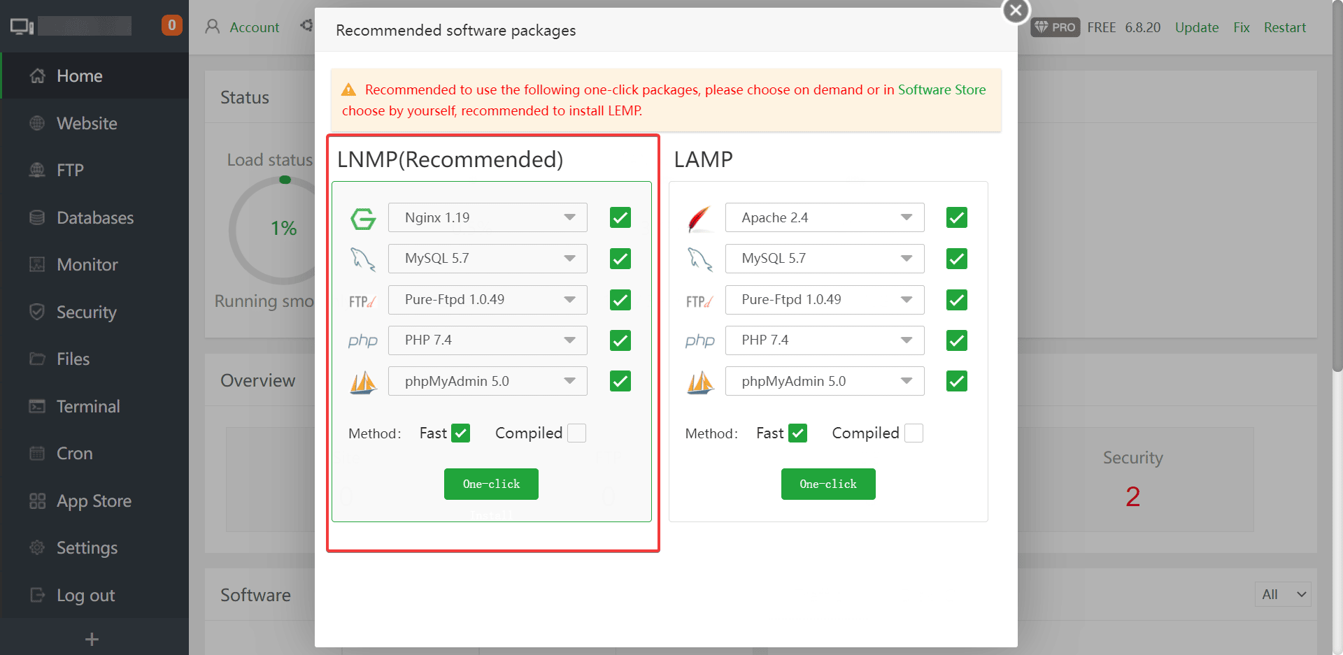 Selecting the LNMP(Recommended) option