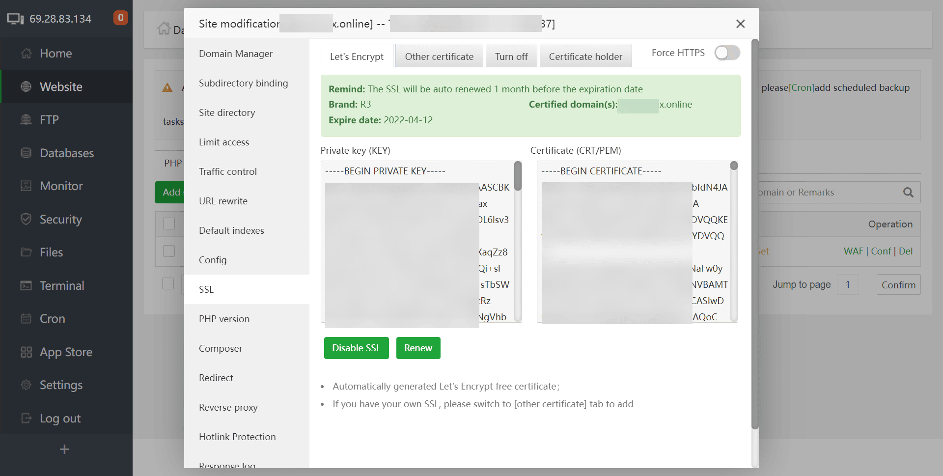 Previewing the SSL Certificate and Private key