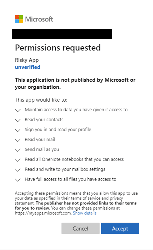 An image of a Consent screen from a sample malicious app named “Risky App."