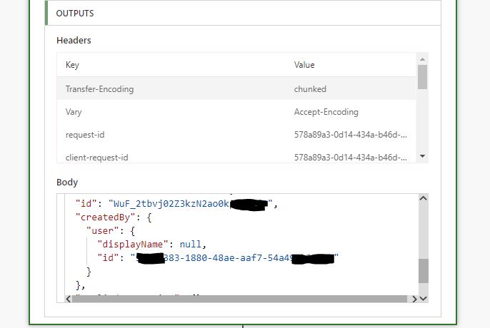 Find output of action in microsoft flow