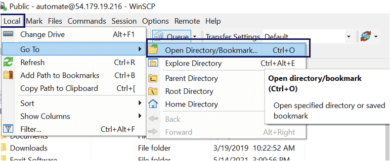 Opening a WinSCP bookmark