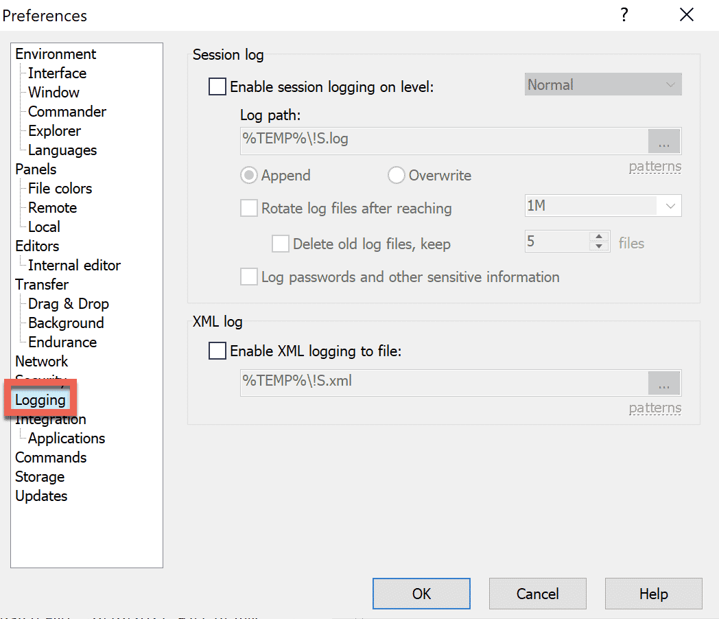 WinSCP session logging options