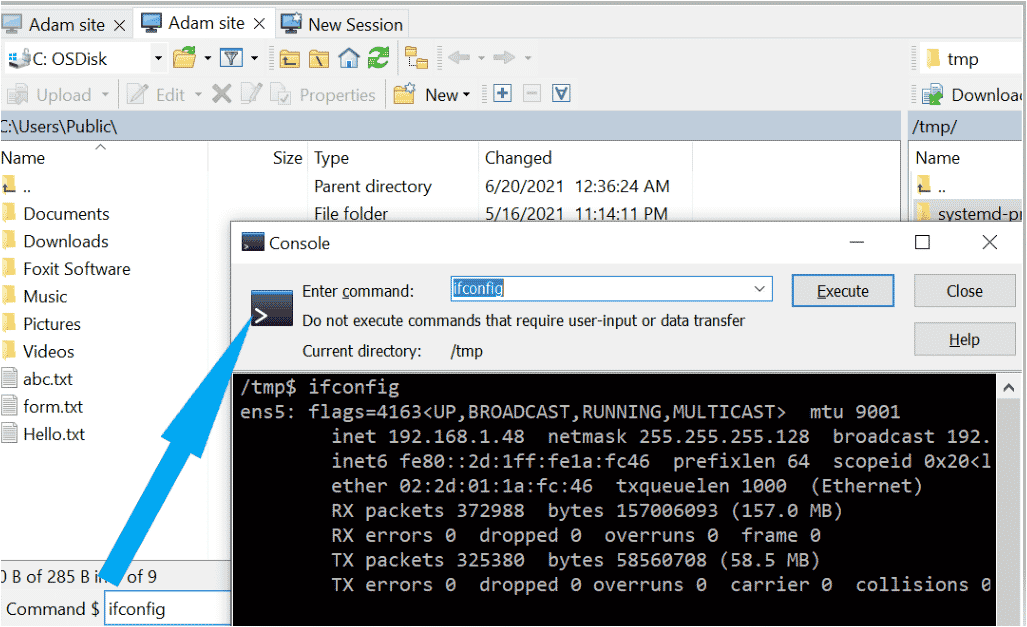 Running ifconfig command to find IP the address the remote host