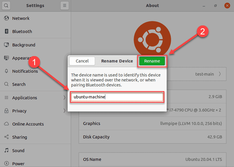 Changing the Device Name in the About section of Ubuntu 20.04 settings