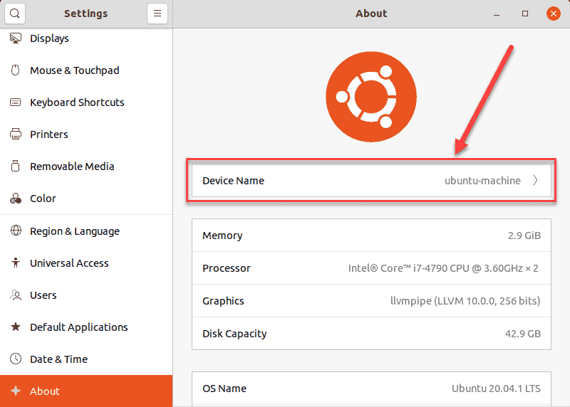 Locating the Device Name field in the About section of Ubuntu 20.04 settings