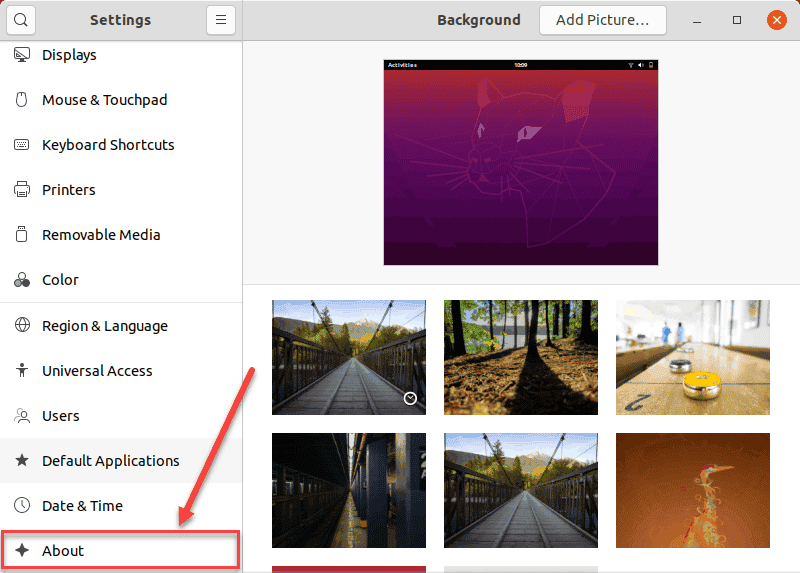Navigating to the About section in Ubuntu 20.04 settings