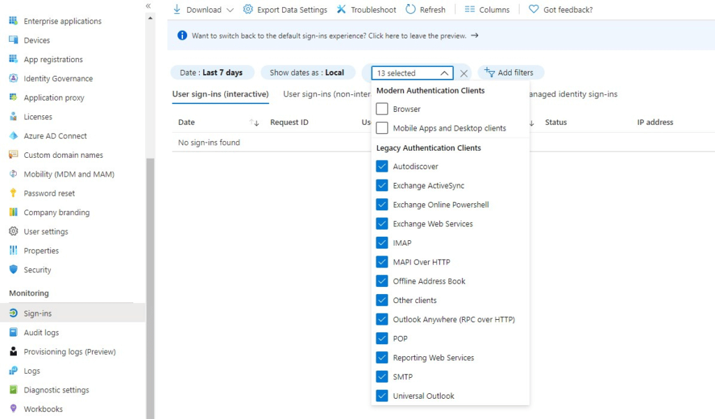 Find legacy protocol usage in Azure