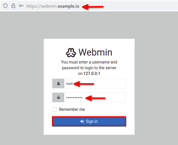 Logging in to Webmin as user root