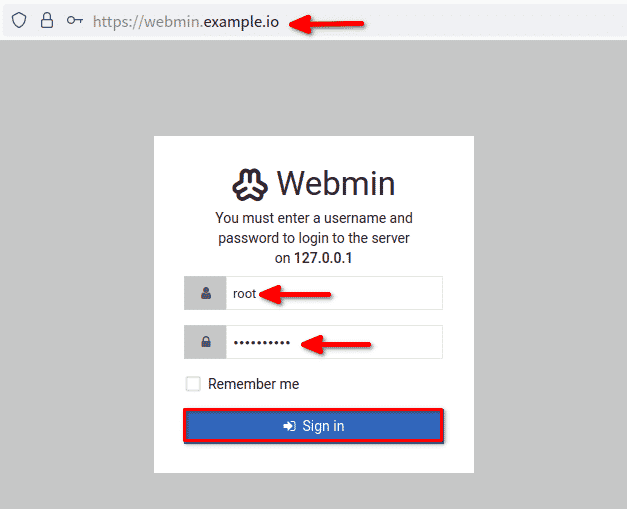 Logging in to Webmin as user root 