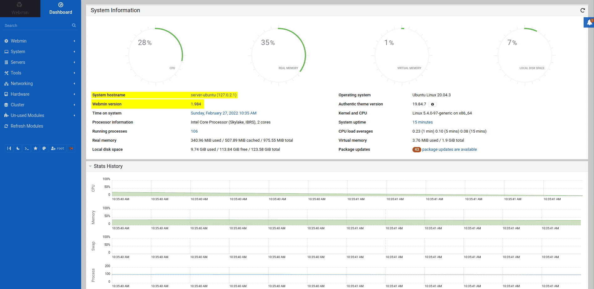 Viewing Default Webmin Dashboard